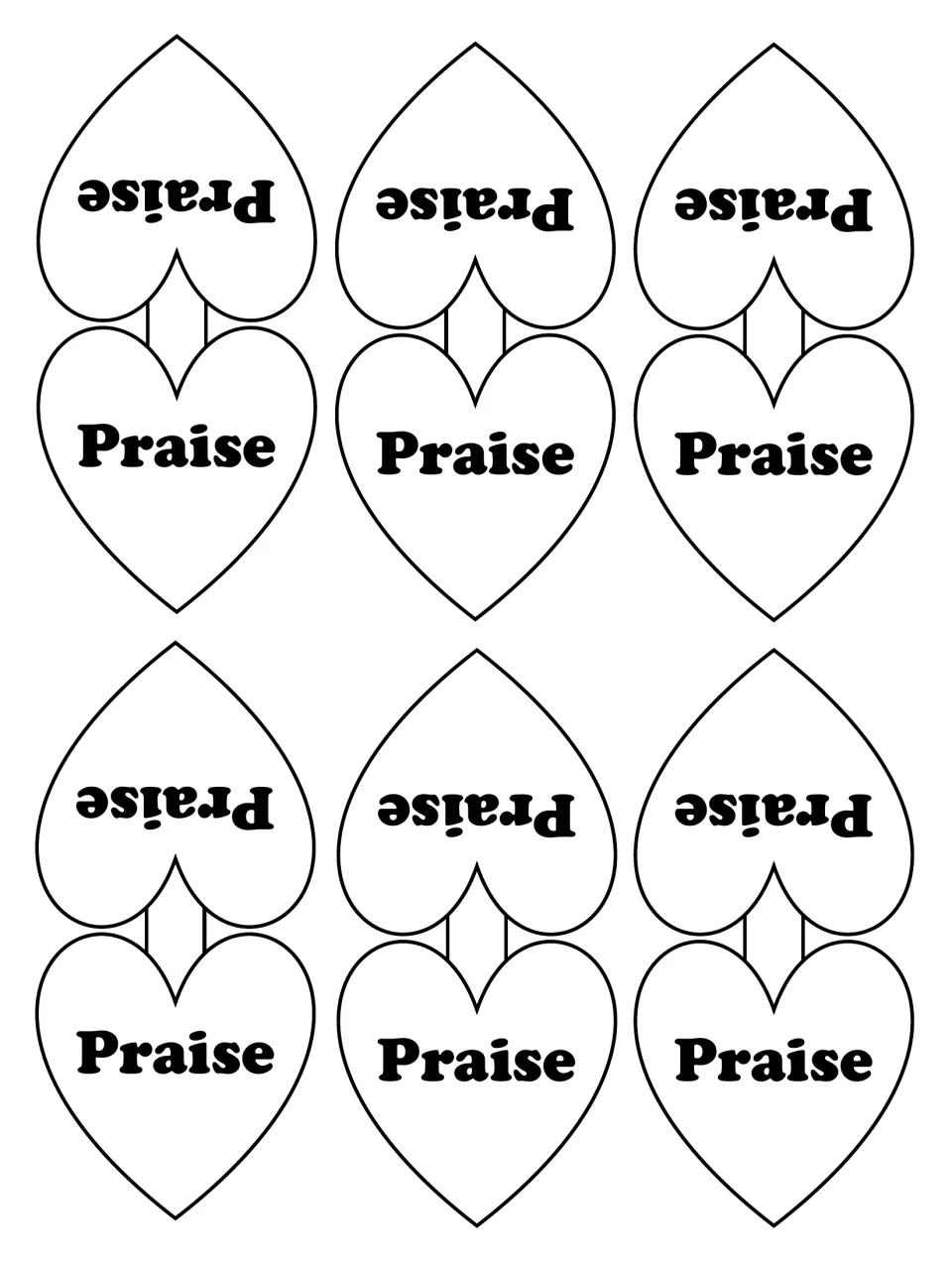 Six black-and-white Praise necklace pendants with paired labeled hearts to cut and fold over ribbon