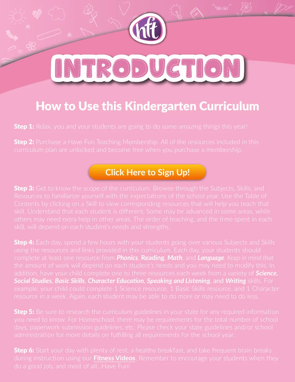 Introduction: six steps for using this curriculum, from membership sign-up to daily subjects, state rules and brain breaks