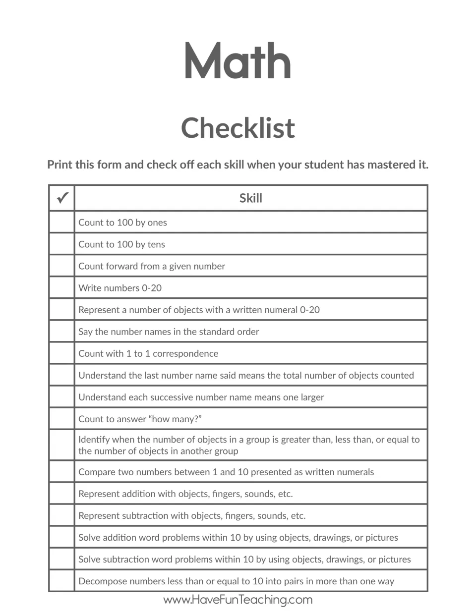 Math checklist part 1: 17 skills to tick off when mastered, from counting to 100 to decomposing numbers up to 10