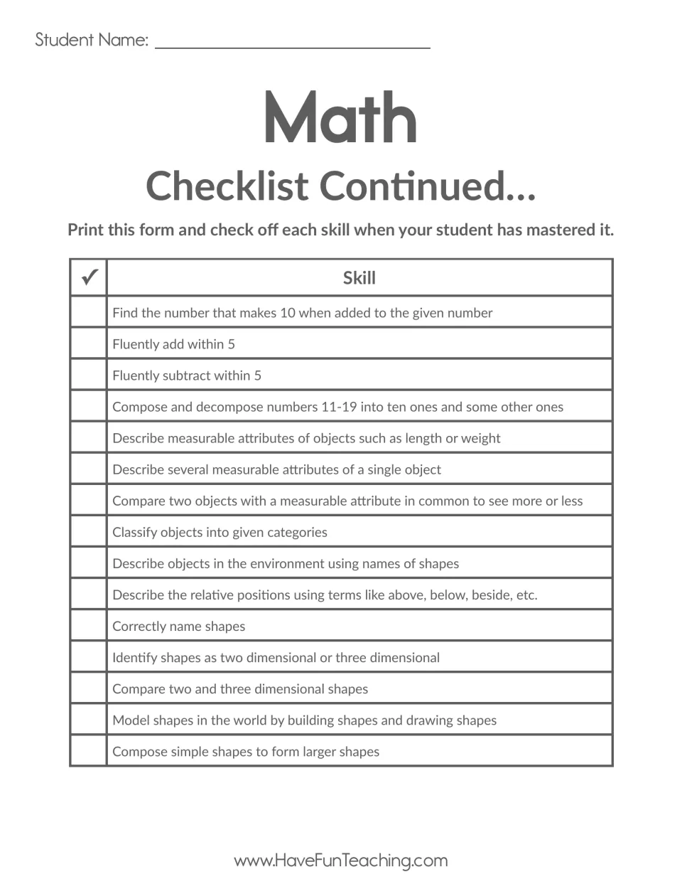 Math checklist continued: 15 skills on making 10, adding within 5, teen numbers, measurement, sorting and naming shapes