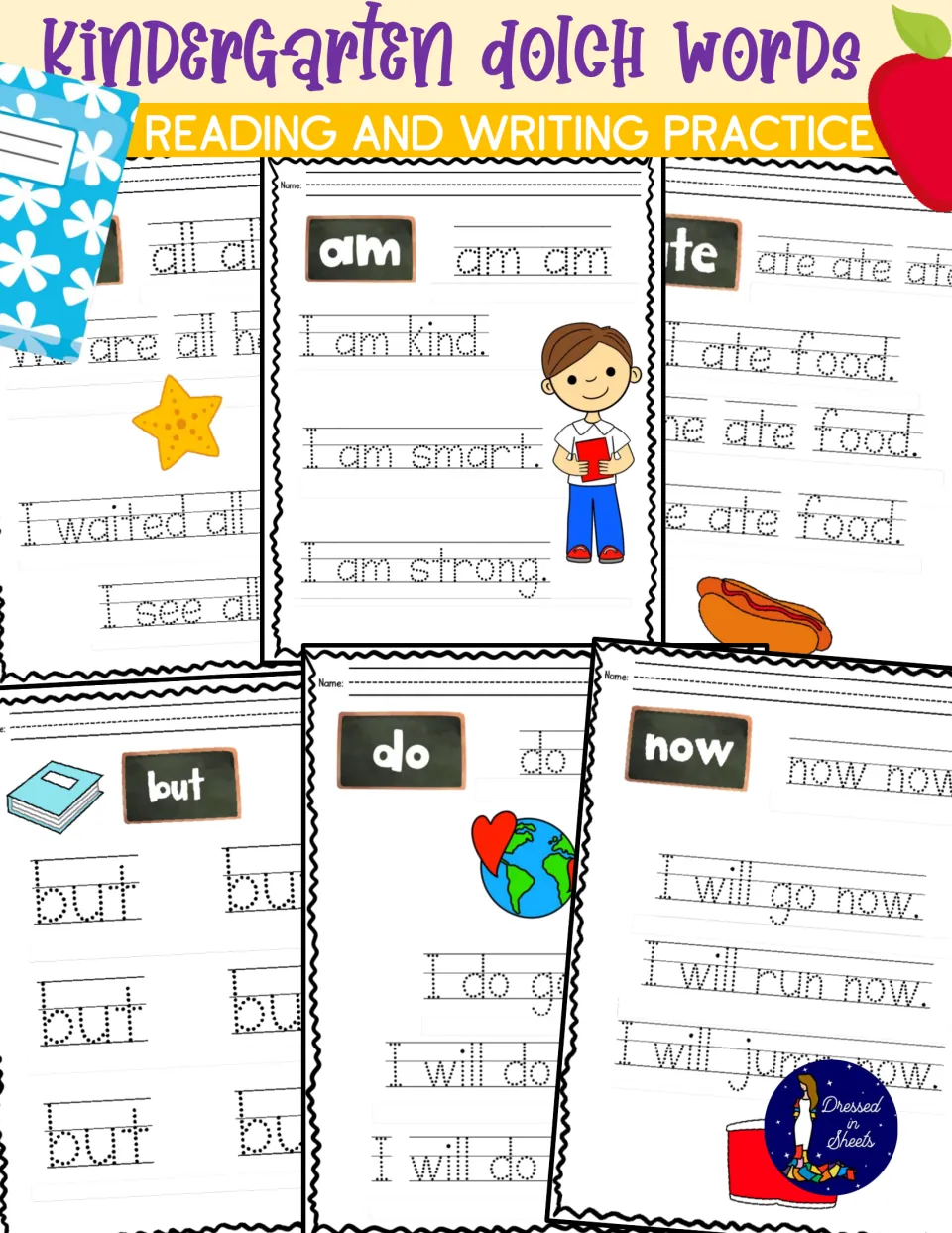 Kindergarten Dolch Words Reading and Writing Practice cover showing tracing pages for all, am, ate, but, do and now