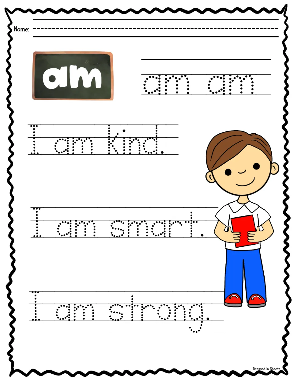 Sight word am: students trace am twice, then trace the sentences I am kind, I am smart and I am strong beside a boy