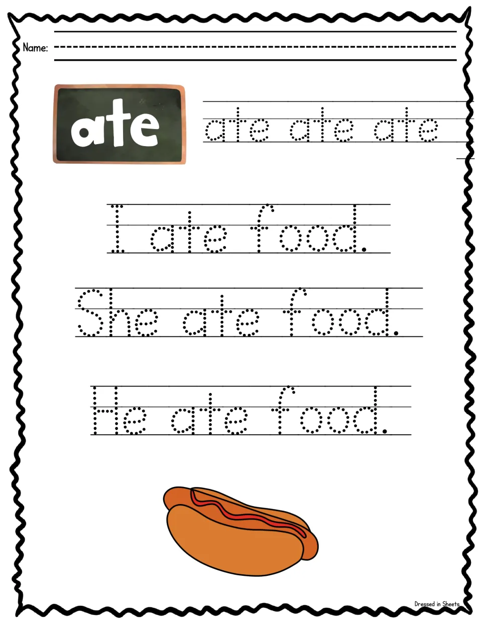 Sight word ate: students trace ate three times, then trace I ate food, She ate food and He ate food above a hot dog