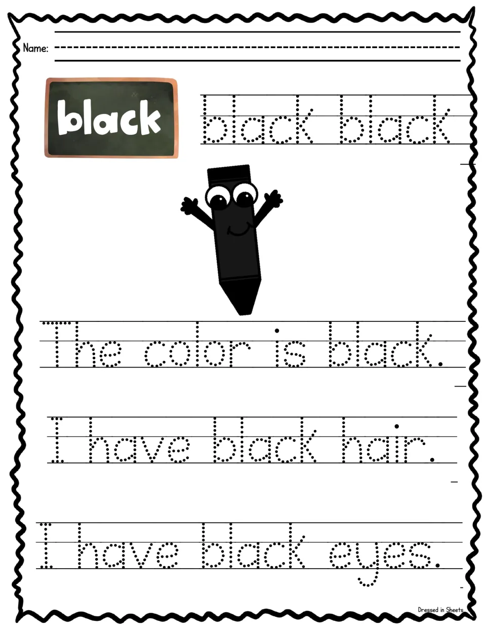 Color word black: students trace black twice, then The color is black, I have black hair and I have black eyes