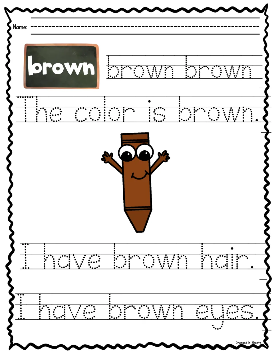 Color word brown: students trace brown twice, then The color is brown, I have brown hair and I have brown eyes