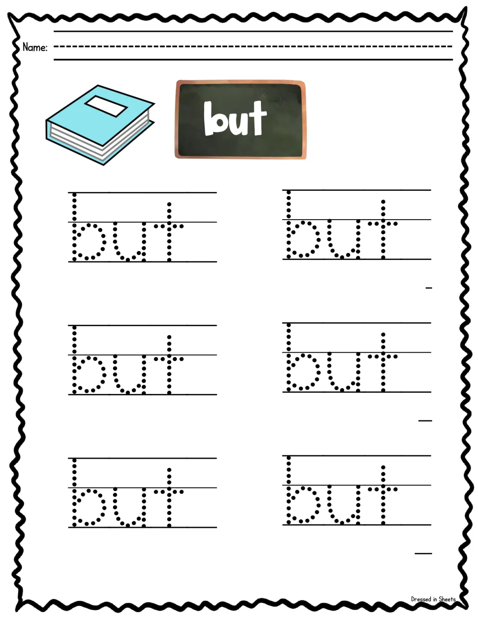 Sight word but: students trace the dotted word but six times for letter formation practice, with a book picture