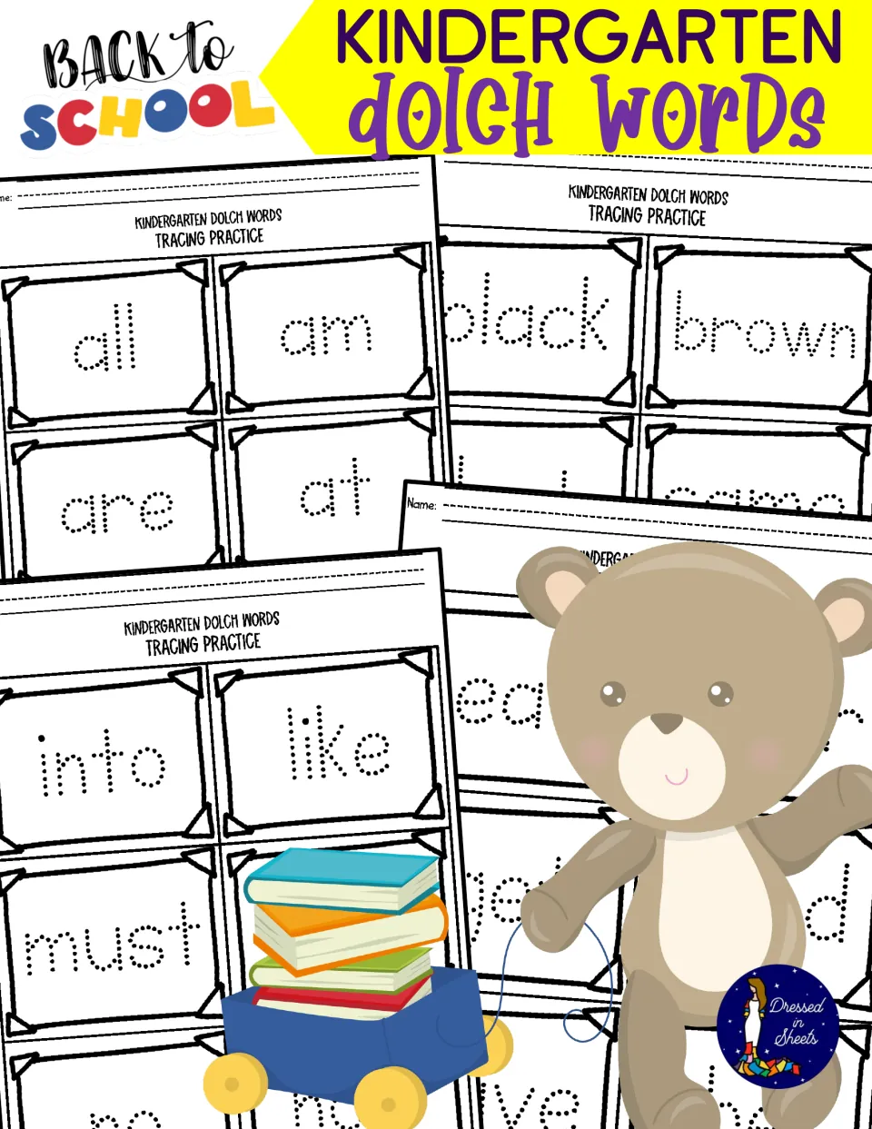 Kindergarten Dolch Words cover marked Back to School, showing sample sight word tracing pages, a teddy bear and books