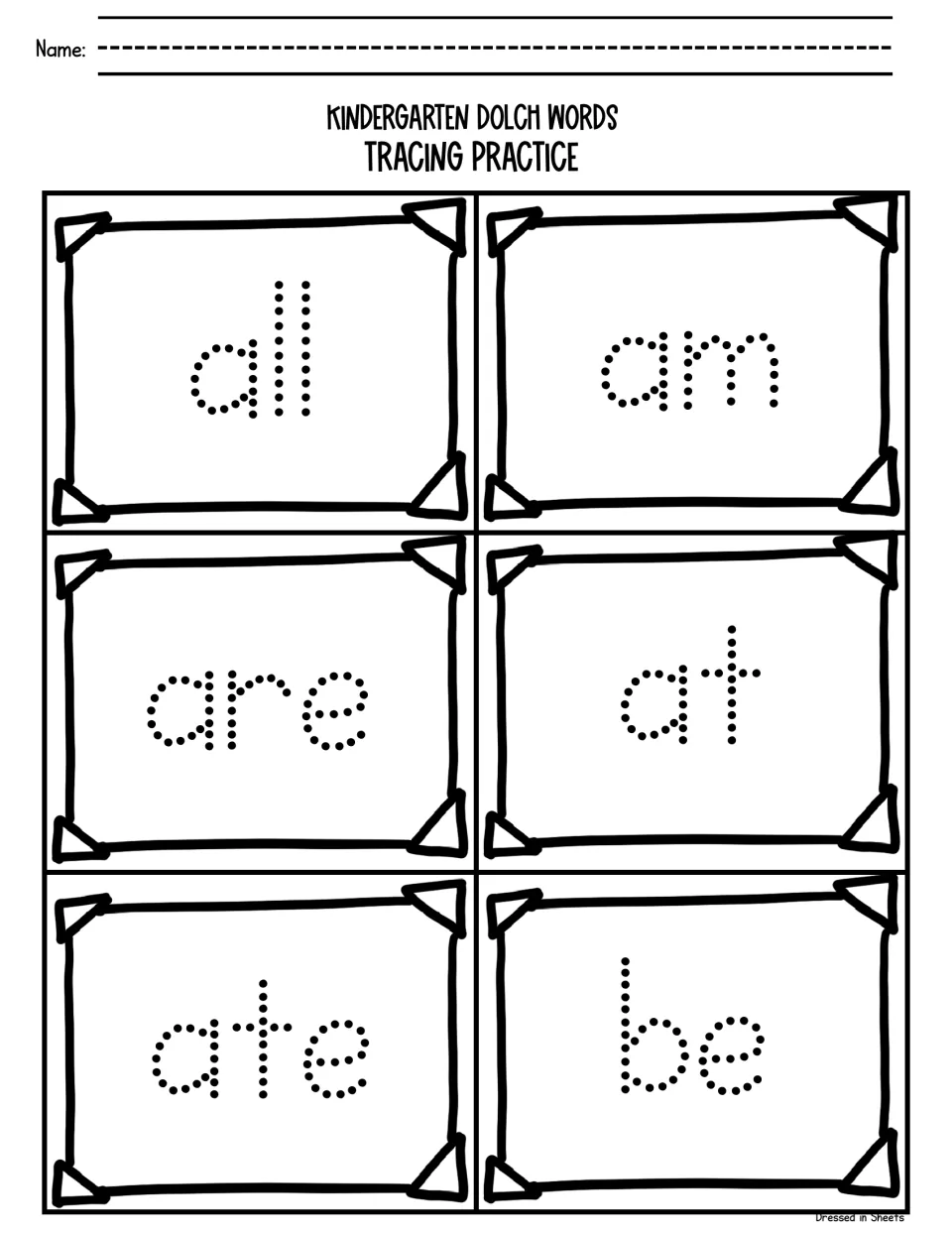 Dolch sight word tracing: students trace the dotted words all, am, are, at, ate and be and write their name at the top