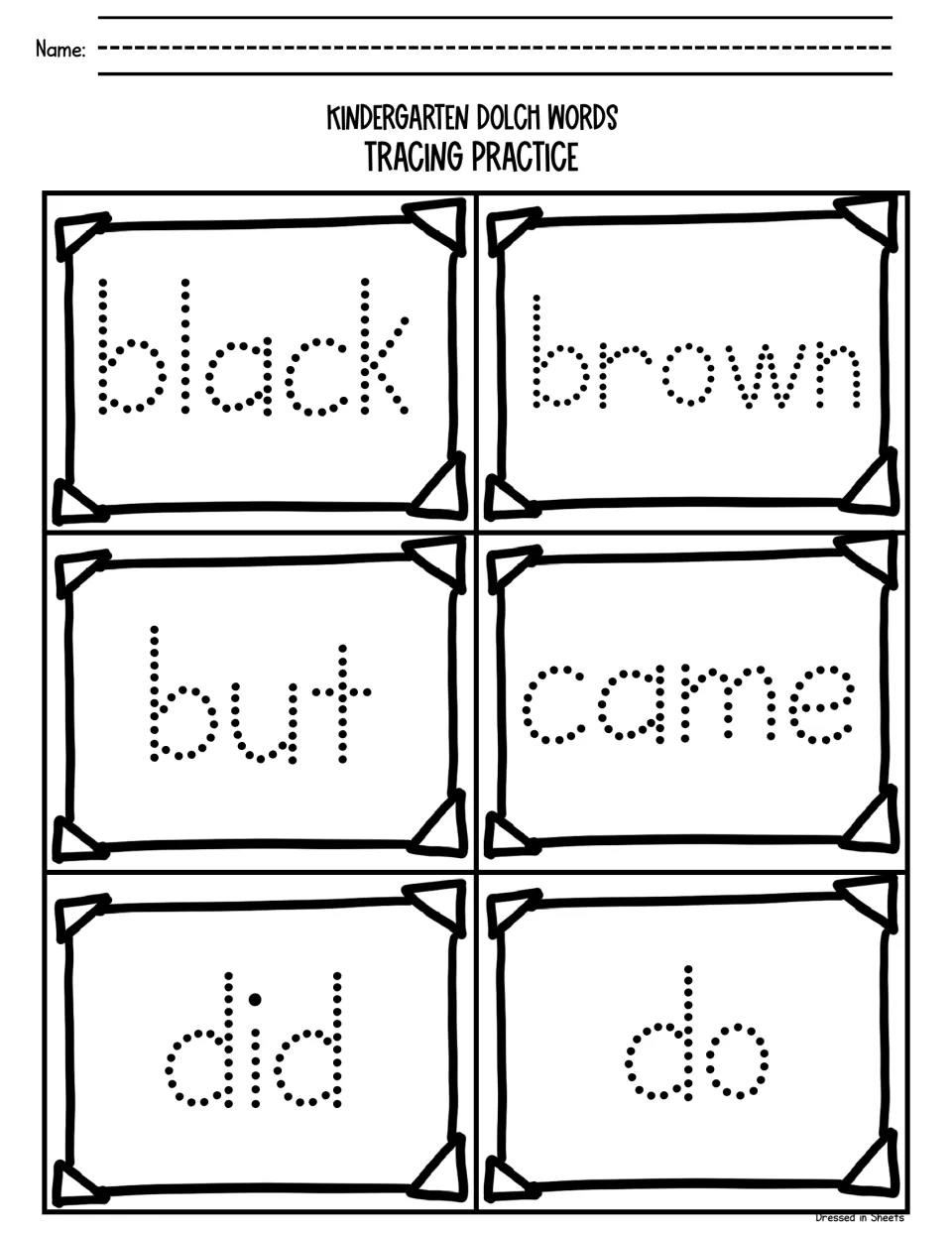 Sight word handwriting practice: students trace dotted black, brown, but, came, did and do, including two color words