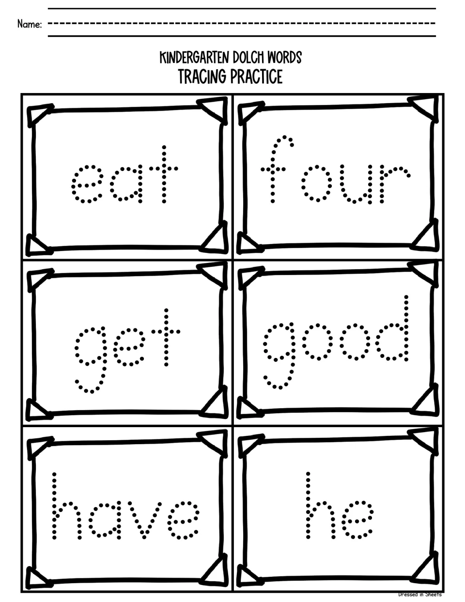 Tracing Dolch words eat, four, get, good, have and he: students follow the dots to form each letter of the six words