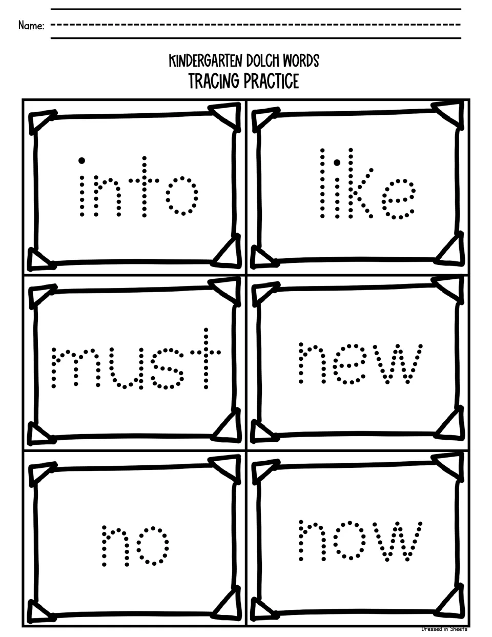 Sight word tracing for into, like, must, new, no and now: students trace each dotted word to practise letter formation