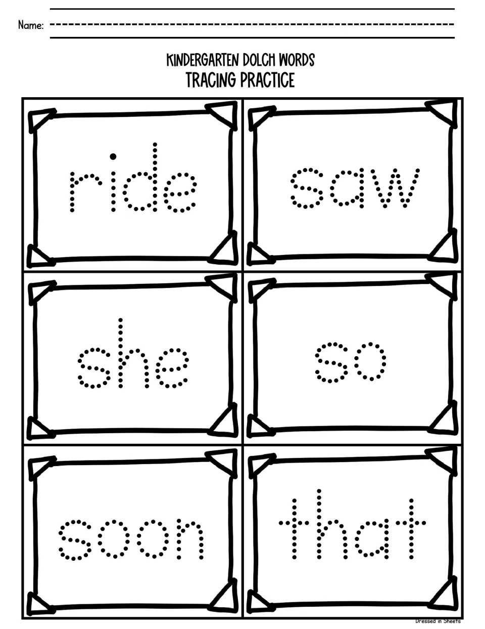 Tracing practice with ride, saw, she, so, soon and that: students trace over the dots of each lowercase sight word
