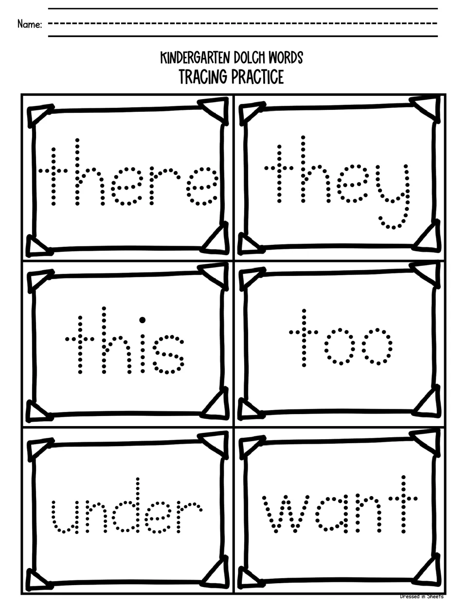 Sight words there, they, this, too, under and want: students trace the dotted letters to write each of the six words