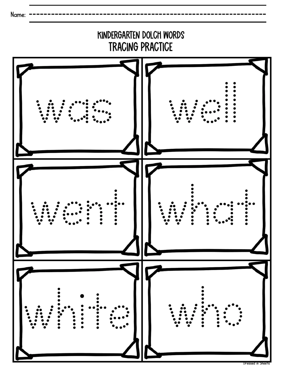 Dolch tracing for w words: students trace was, well, went, what, white and who, six words that all start with w