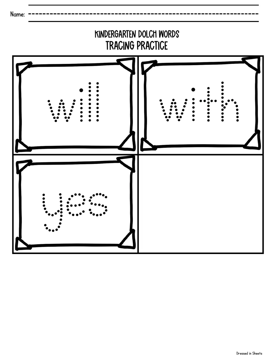 Final sight word tracing sheet: students trace the dotted words will, with and yes, ending the Dolch word set