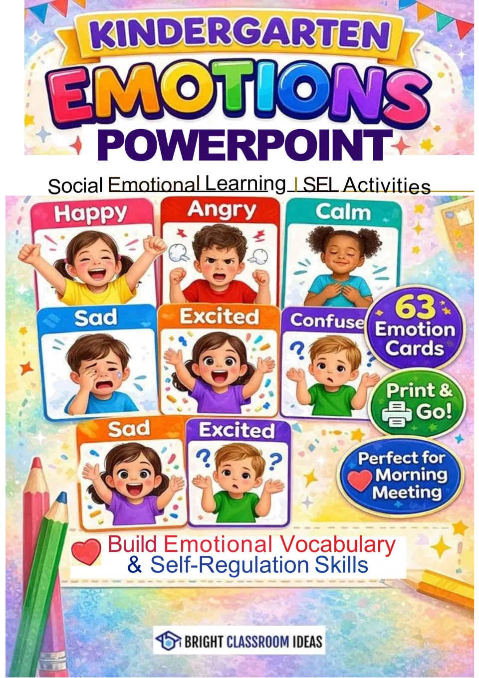 Cover of the kindergarten emotions PowerPoint, advertising 63 emotion cards for social emotional learning