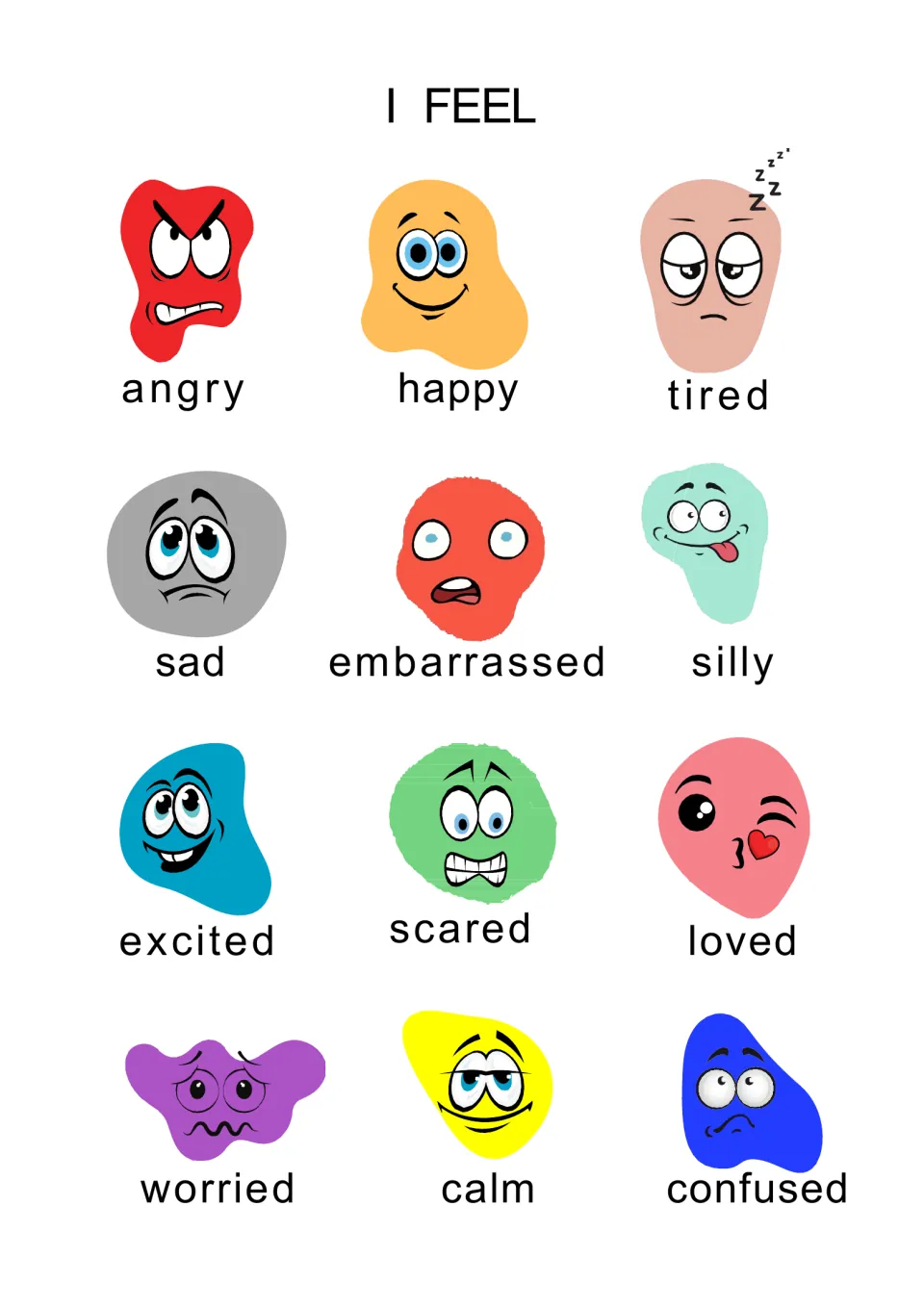 “I FEEL” overview chart for the emotions presentation: angry, happy, tired, sad, and eight more labeled faces