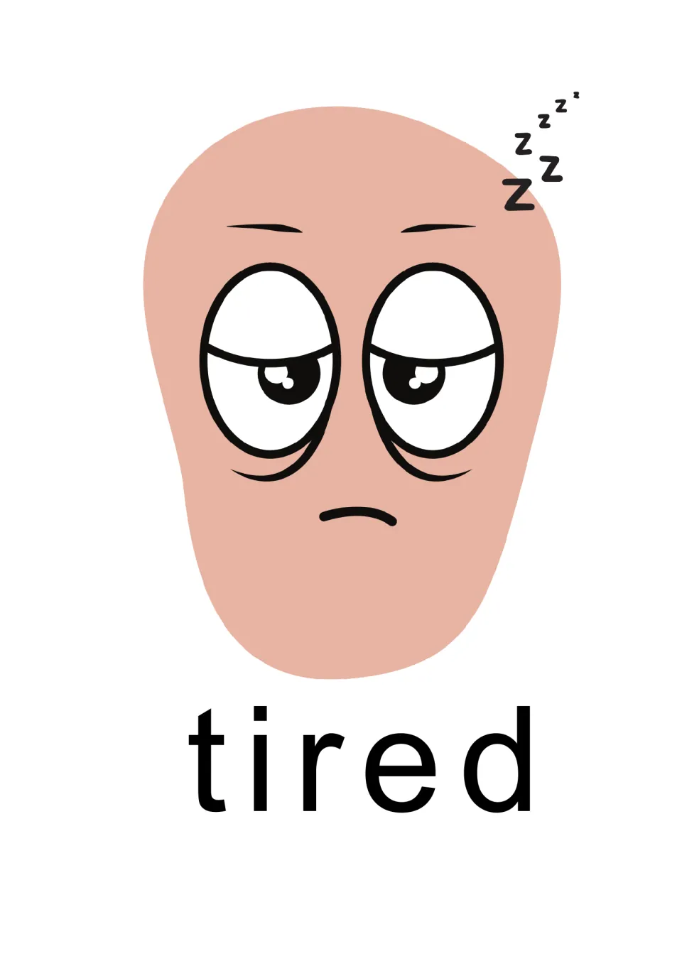 Individual “tired” emotion card for the SEL presentation, showing a peach face with drooping eyelids and Zs