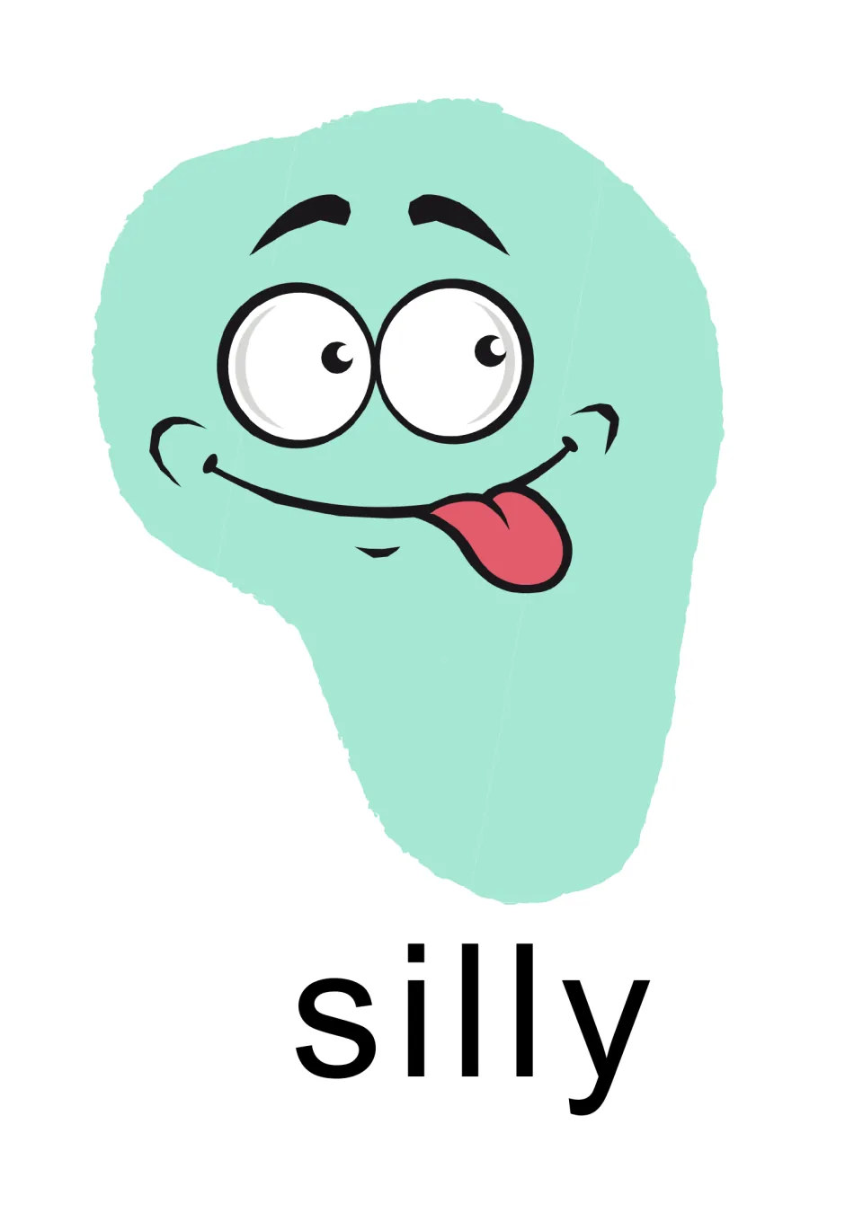 Individual “silly” emotion card for the SEL presentation, showing a mint-green face sticking out its tongue