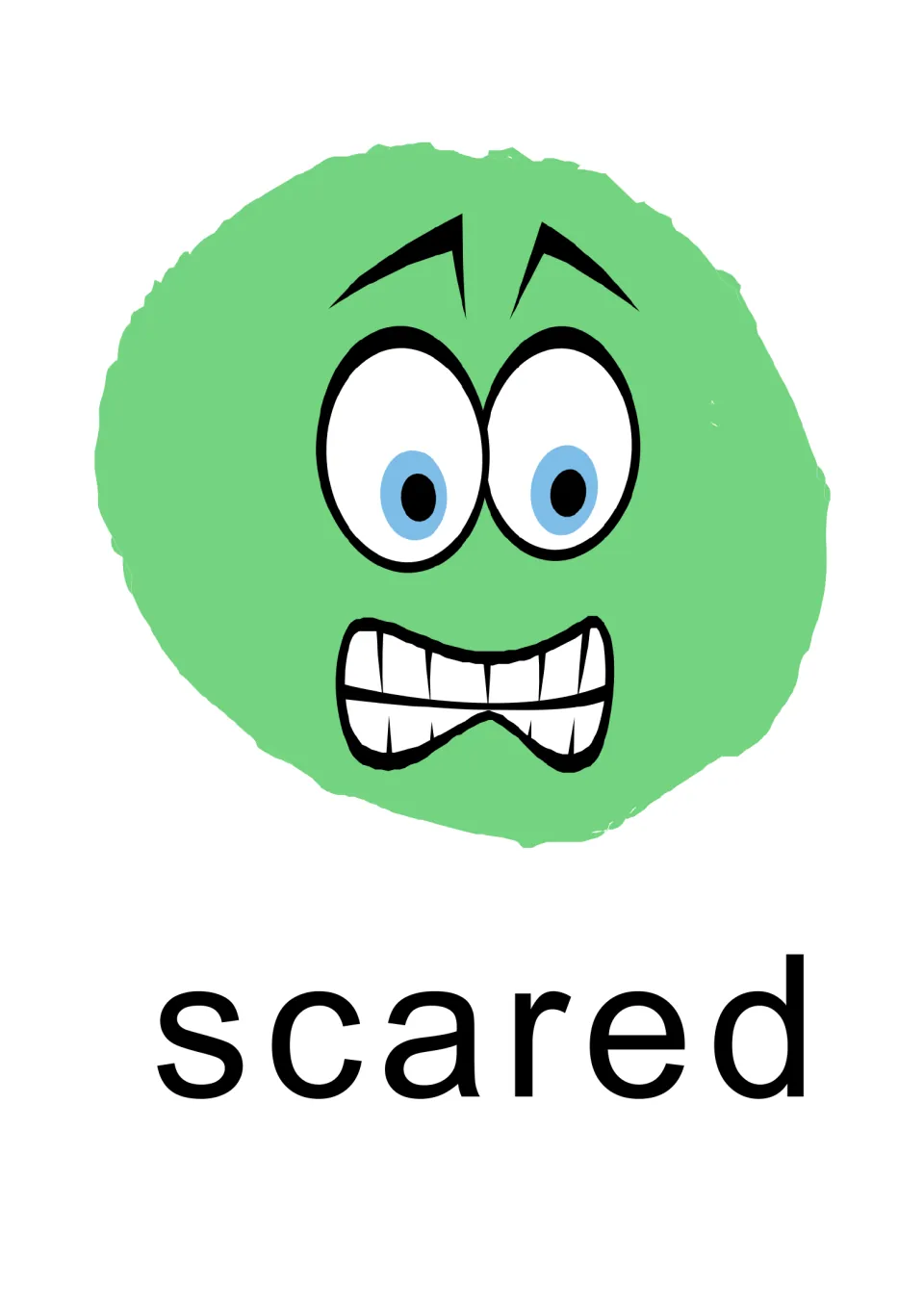 Individual “scared” emotion card for the SEL presentation, showing a green face with wide eyes and clenched teeth