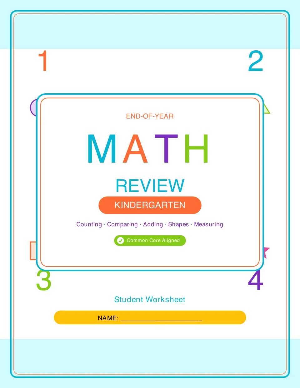 End-of-year math review cover for kindergarten listing counting, comparing, adding, shapes and measuring, with a name line