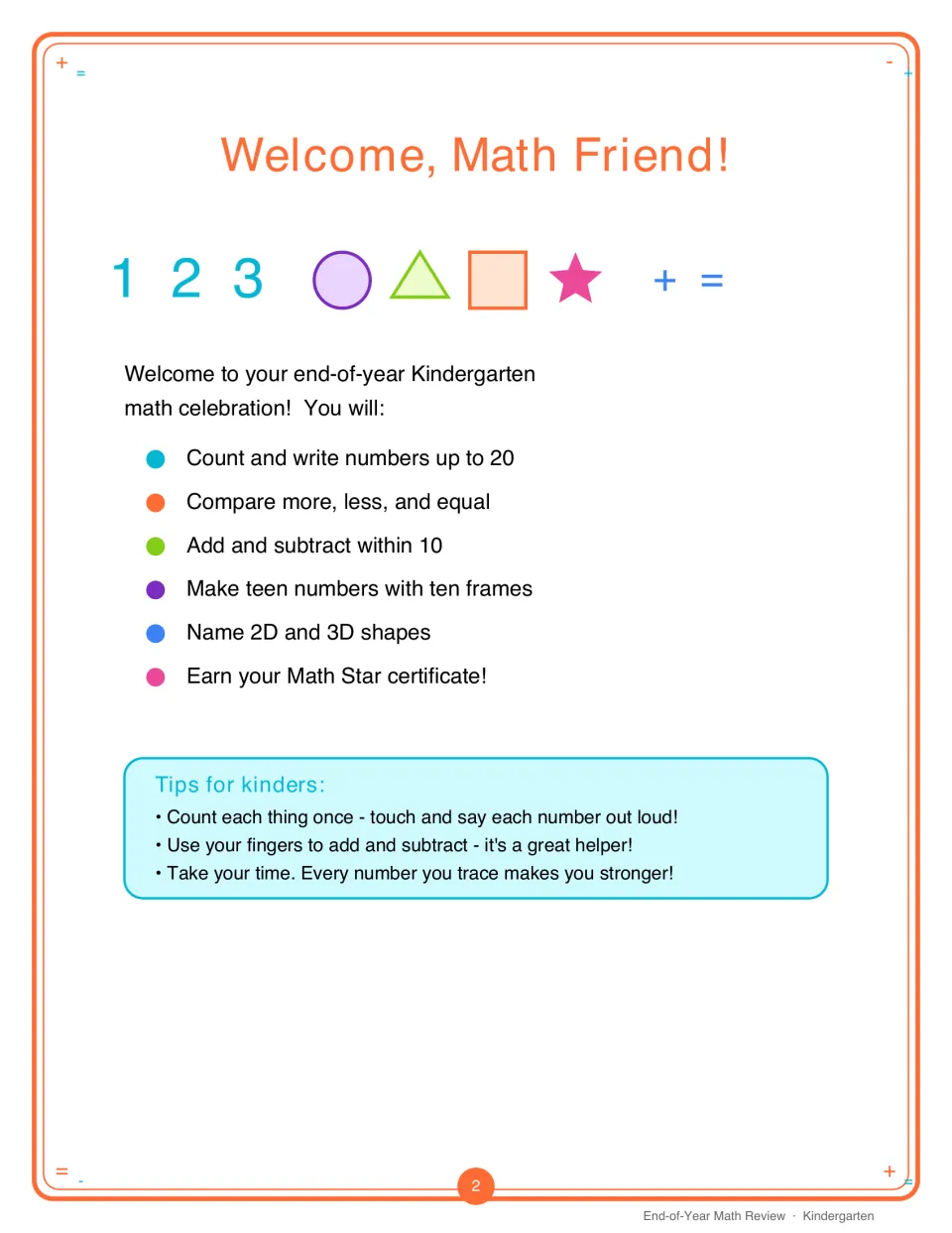 Welcome, Math Friend! intro listing the review goals, from counting to 20 to naming shapes, plus three tips for kinders