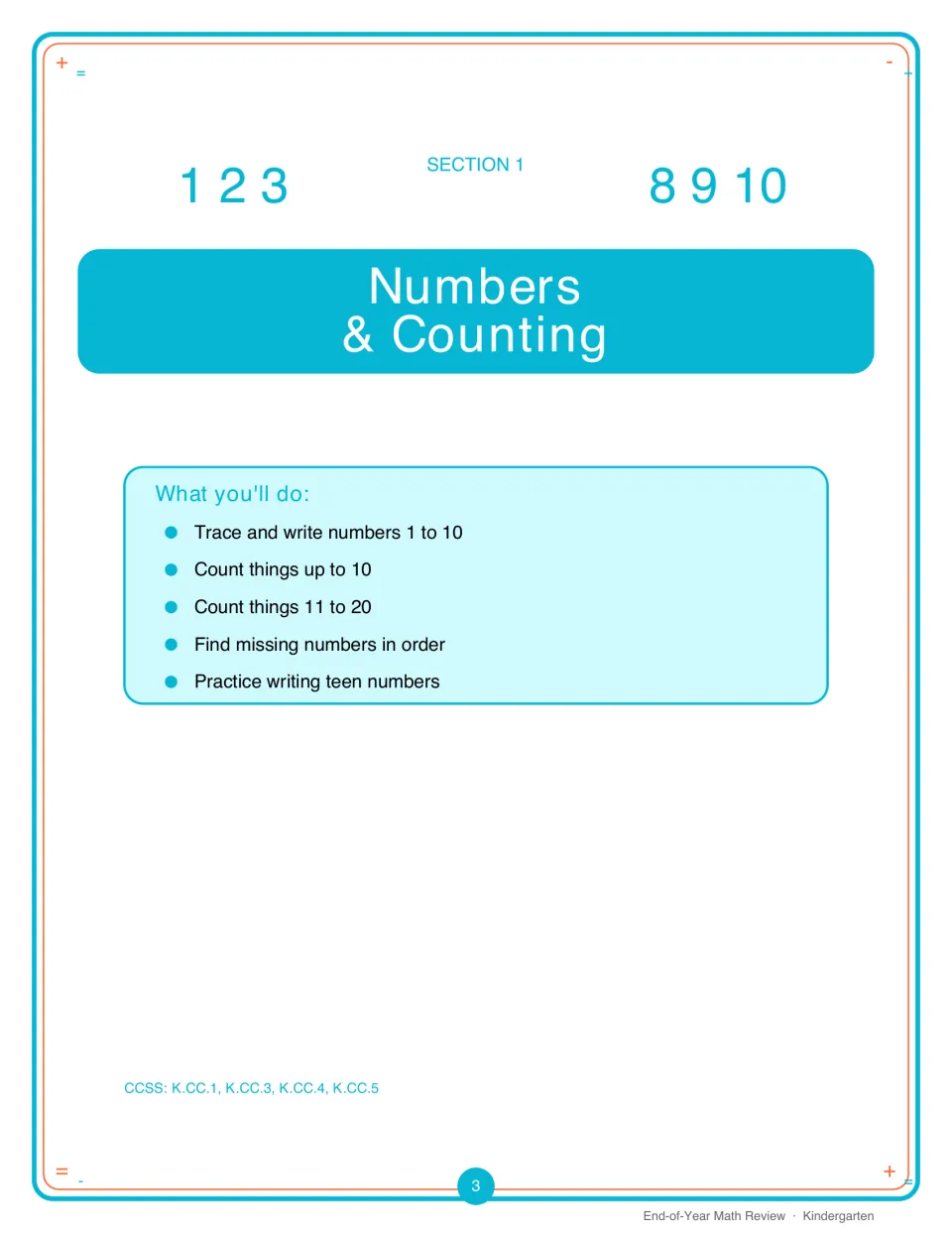 Section 1 Numbers & Counting opener: a What you'll do list covering tracing 1 to 10, counting to 20 and missing numbers