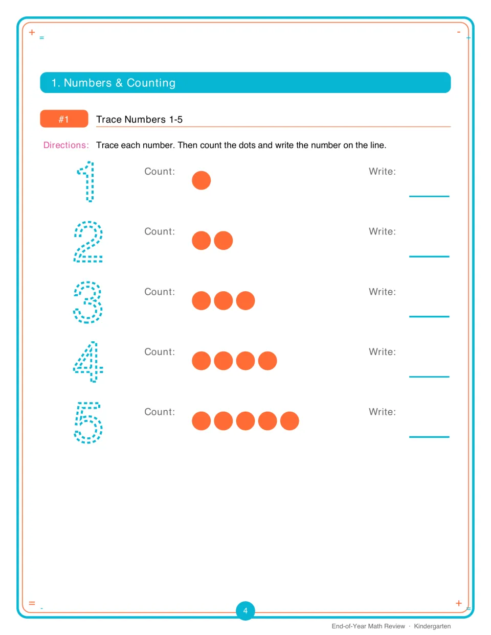 Trace Numbers 1-5: students trace dotted numerals 1 to 5, count matching orange dots and write each number on the line
