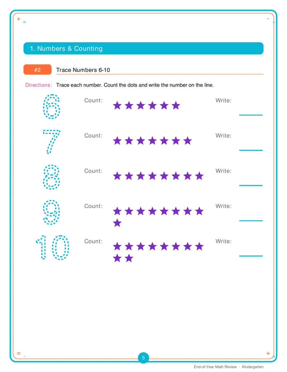 Trace Numbers 6-10: students trace dotted numerals 6 to 10, count rows of purple stars and write each number to match