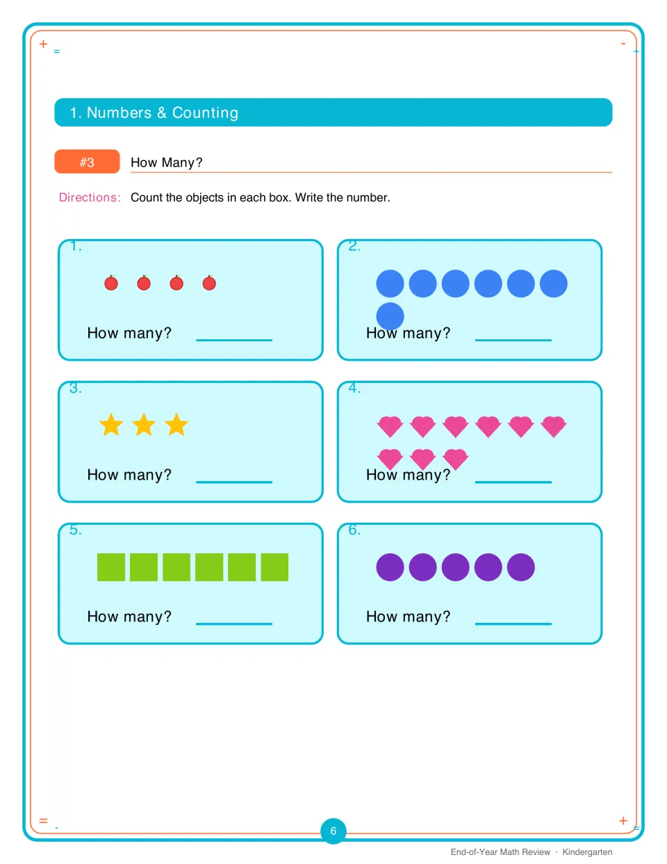 How Many? counting: students count apples, dots, stars, hearts and squares in six sets of 3 to 9 and write each total