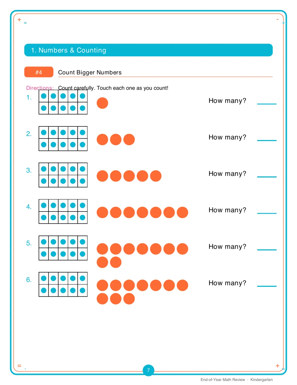 Count Bigger Numbers: students count a full ten frame plus extra dots to find teen numbers and 20, writing each total