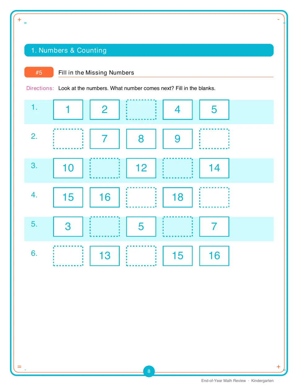 Fill in the Missing Numbers: students complete six number sequences between 1 and 19 by writing the numbers in the gaps