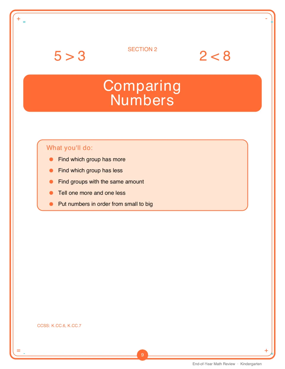 Section 2 Comparing Numbers opener: a What you'll do list on more, less, same amount, one more or less and ordering