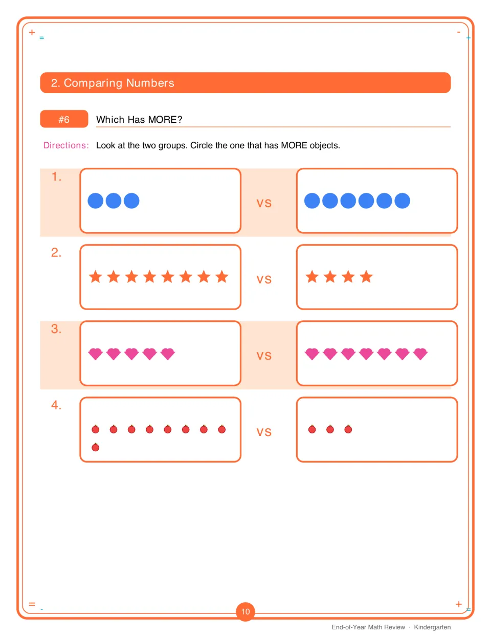 Which Has MORE? comparing groups: students look at four pairs of dots, stars, hearts and apples and circle the larger set