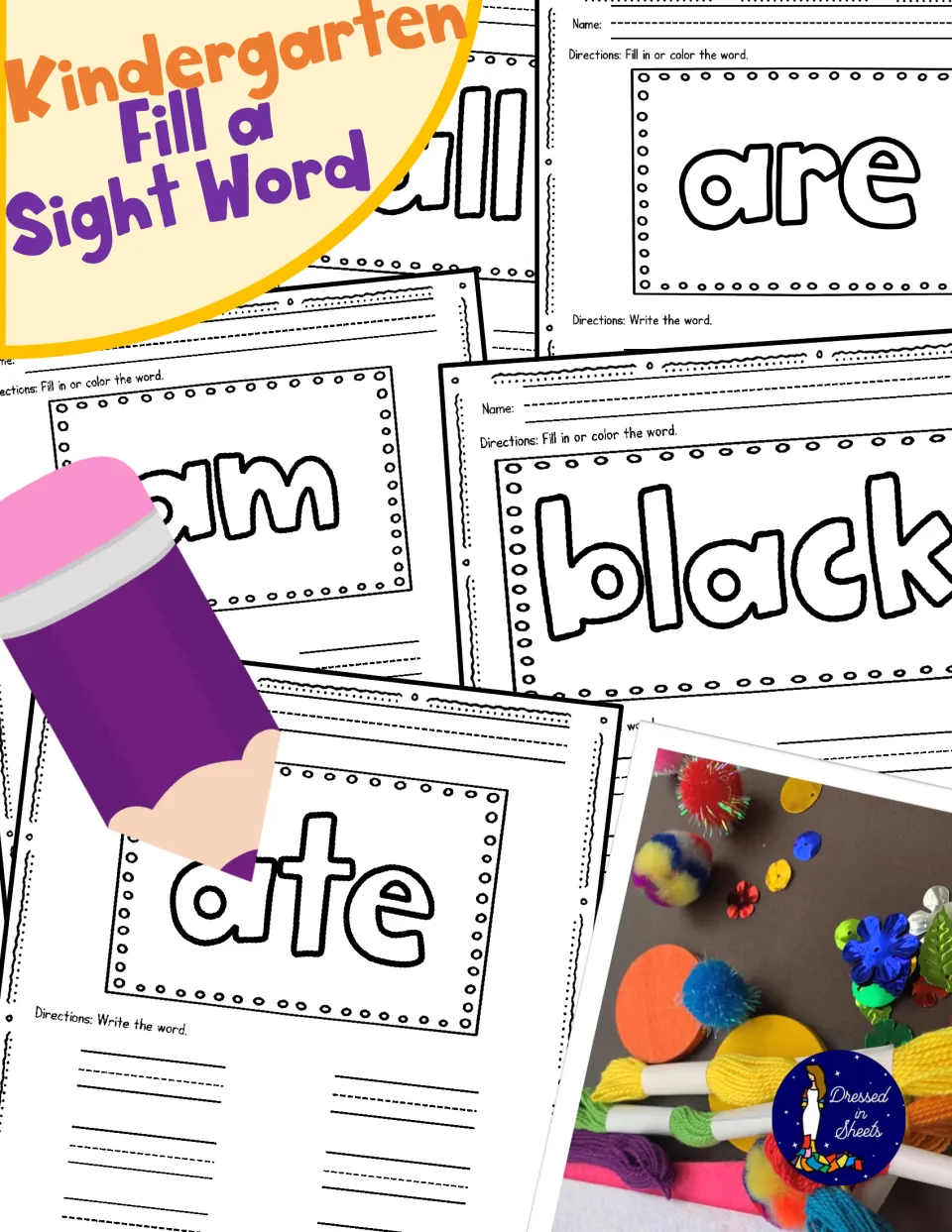Kindergarten Fill a Sight Word cover showing bubble-letter pages for all, are, am, black and ate, plus a craft photo