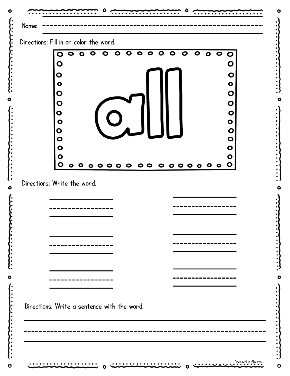 Sight word all: students color the bubble letters, write all six times on handwriting lines, then use it in a sentence