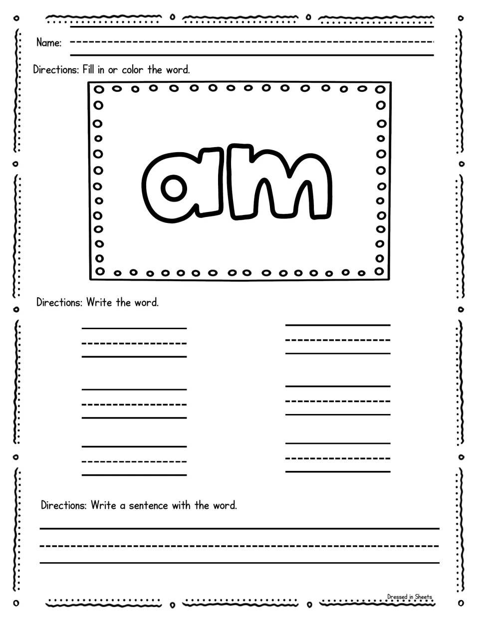 Sight word am in outlined letters to fill in or color, followed by six tries at writing am and one sentence using the word