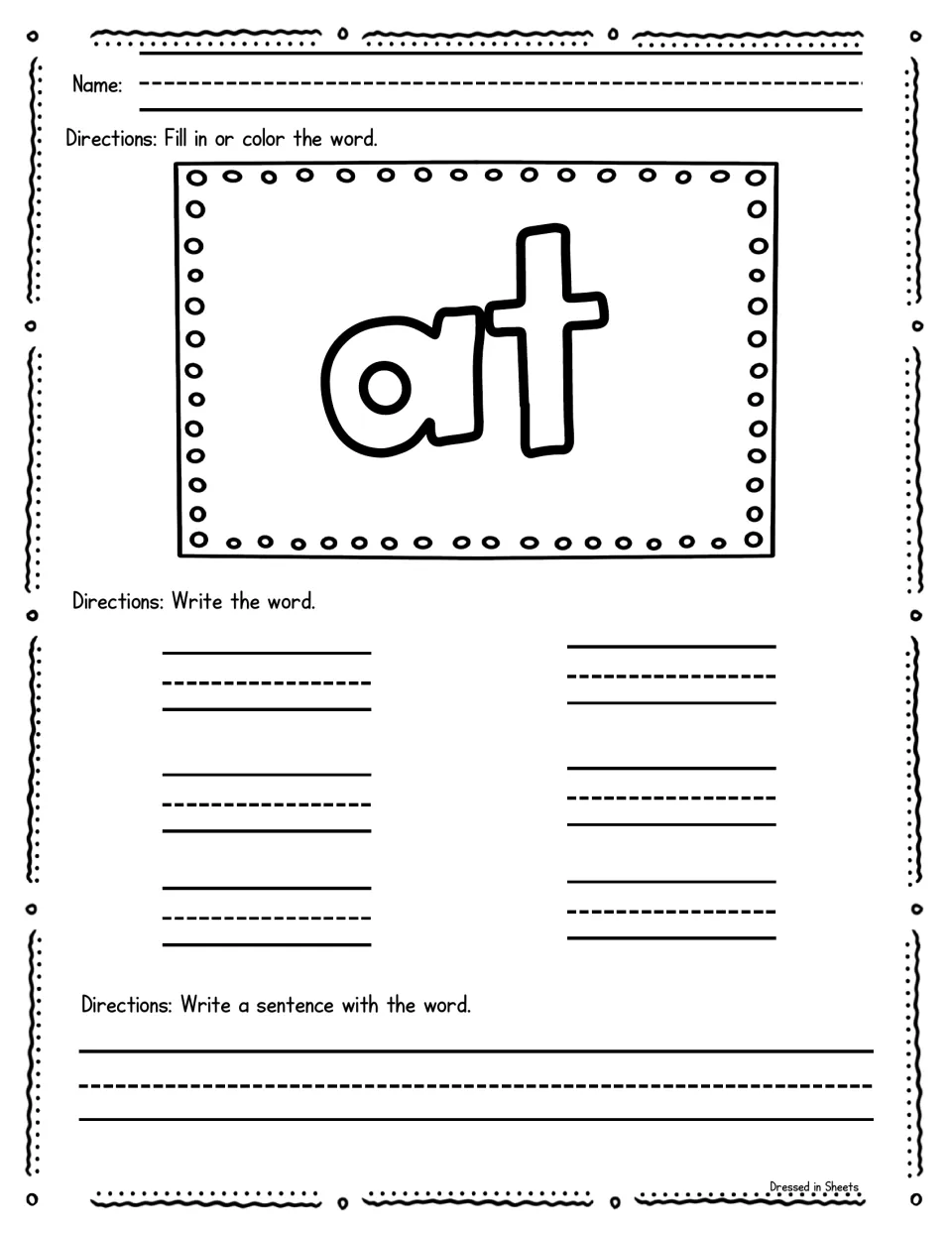 Sight word at: children color in the bubble letters, print at on six practice lines, then compose a sentence
