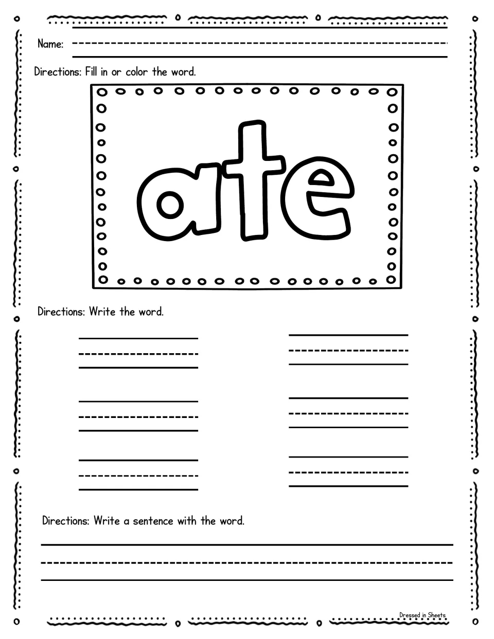 Sight word ate shown in hollow letters to color, with six spots to print ate and a line for writing a sentence using it