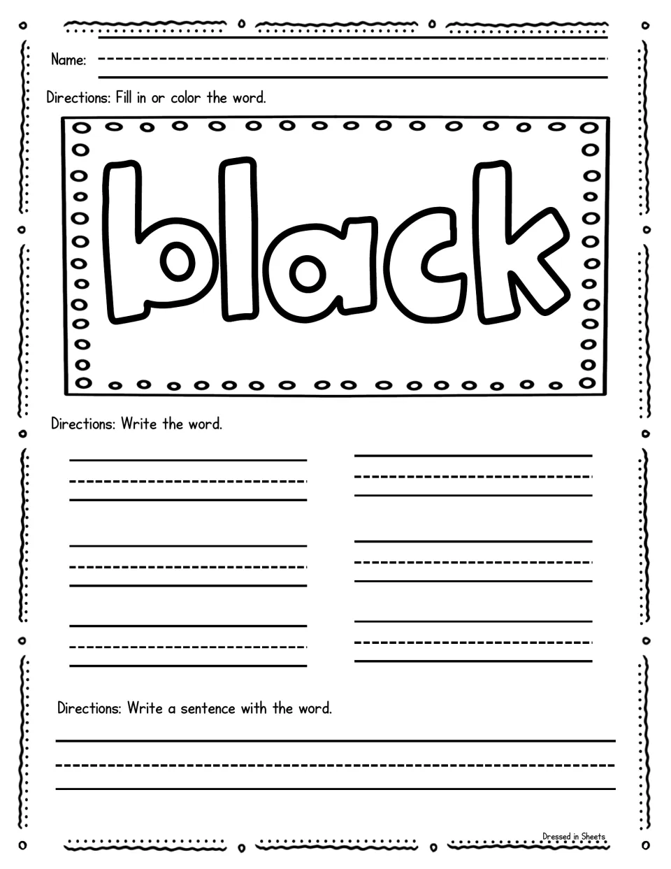 Color word black in big bubble letters: students fill in the word, write black six times and add a sentence