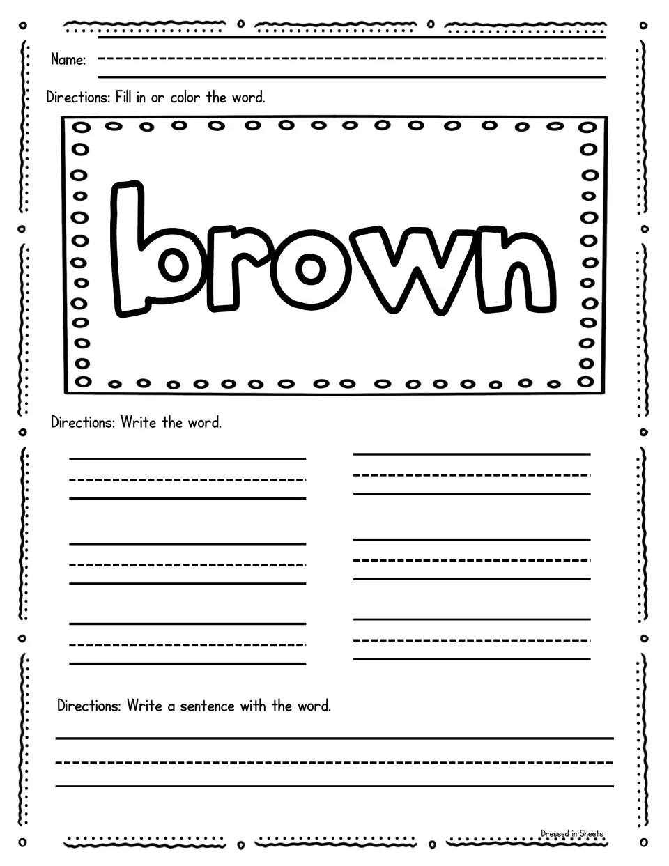 Color word brown: learners fill in the outlined letters, practise spelling brown six times, then write a sentence