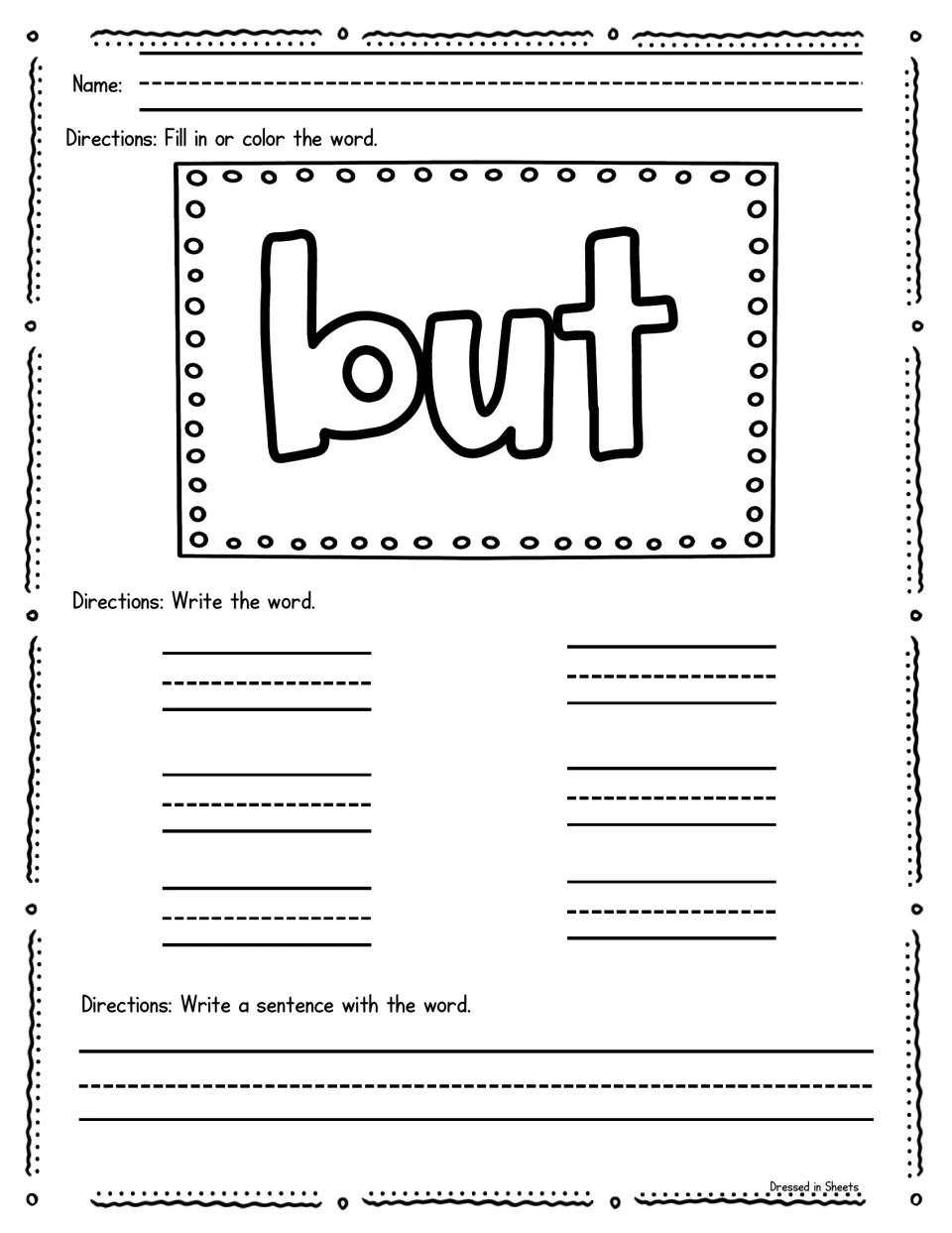 Sight word but: color the bubble letters, write but six times, and build a sentence with this joining word