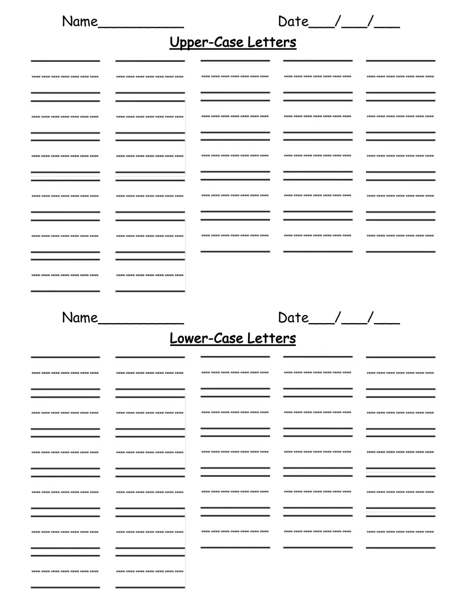 Letter-writing assessment sheet for upper-case and lower-case letters, with separate name and date fields.