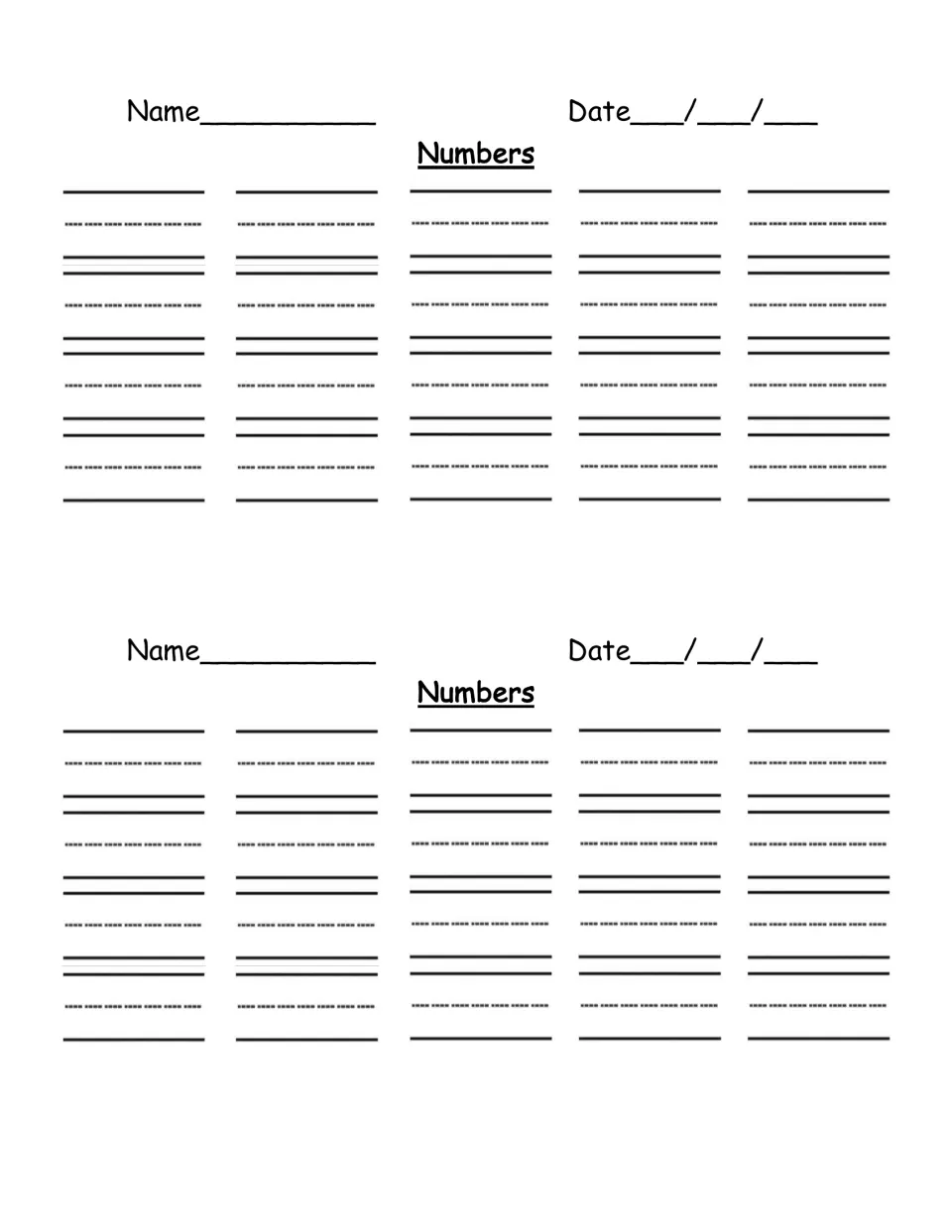 Number-writing assessment sheet labeled “Numbers,” printed twice, each with its own name and date fields.