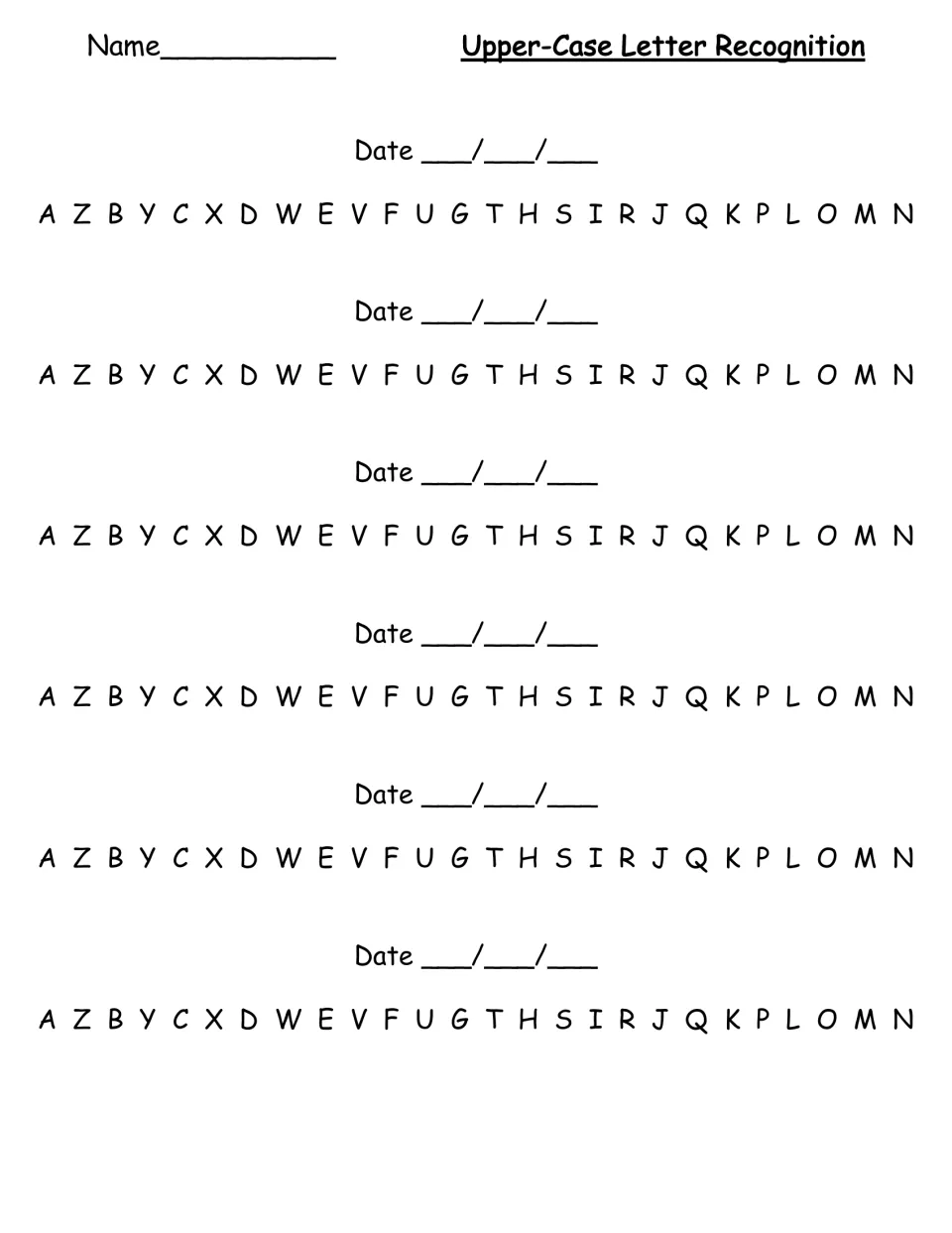 Upper-case letter recognition sheet repeating A, Z, B, Y and the remaining 22 letters for six dated checks.