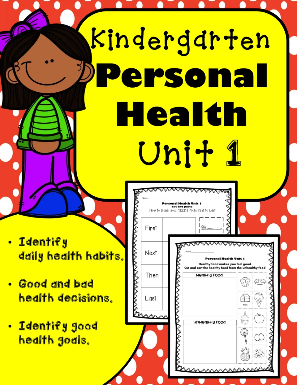 Kindergarten Personal Health Unit 1 cover listing daily health habits, good and bad decisions, and health goals