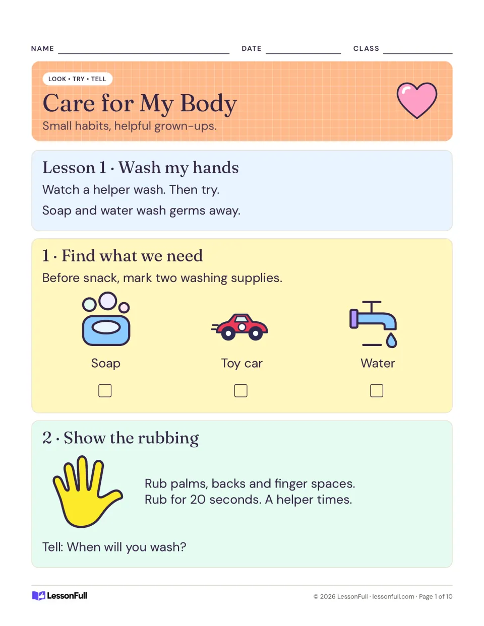 Care for My Body, Lesson 1 handwashing: mark soap and water, not the toy car, then rub hands for 20 seconds