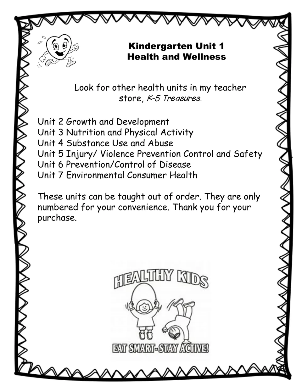 Health and Wellness note listing the other K-5 Treasures health units 2 to 7, from growth to consumer health