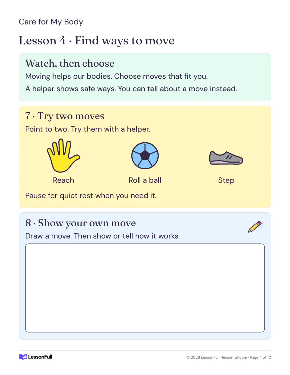 Lesson 4 movement: children point to two moves (reach, roll a ball, step) and draw their own move to show