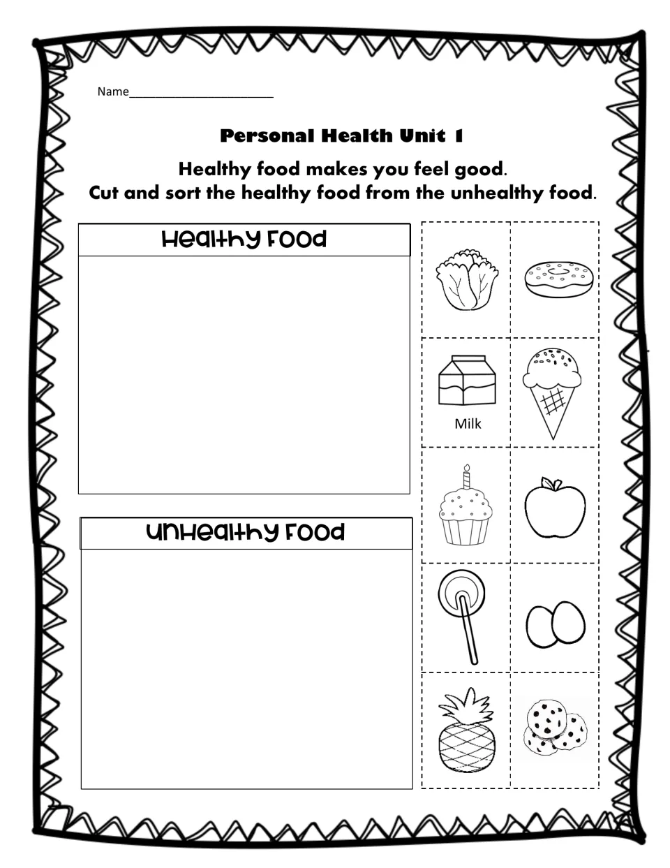 Healthy food sort: students cut out 10 food pictures, like milk, apples and donuts, and sort them as healthy or unhealthy